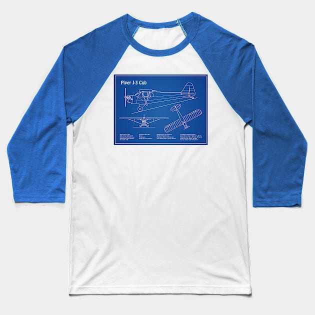 Piper J-3 Cub - Airplane Blueprint - AD Baseball T-Shirt by SPJE Illustration Photography